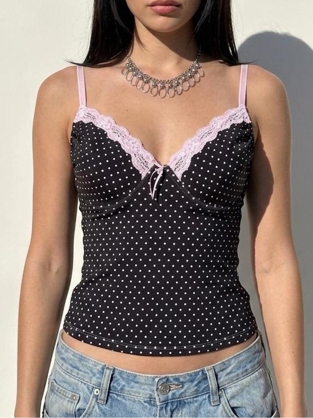 Volage Black & Pink Polka Dot Cami with Lace Trim Size 36D